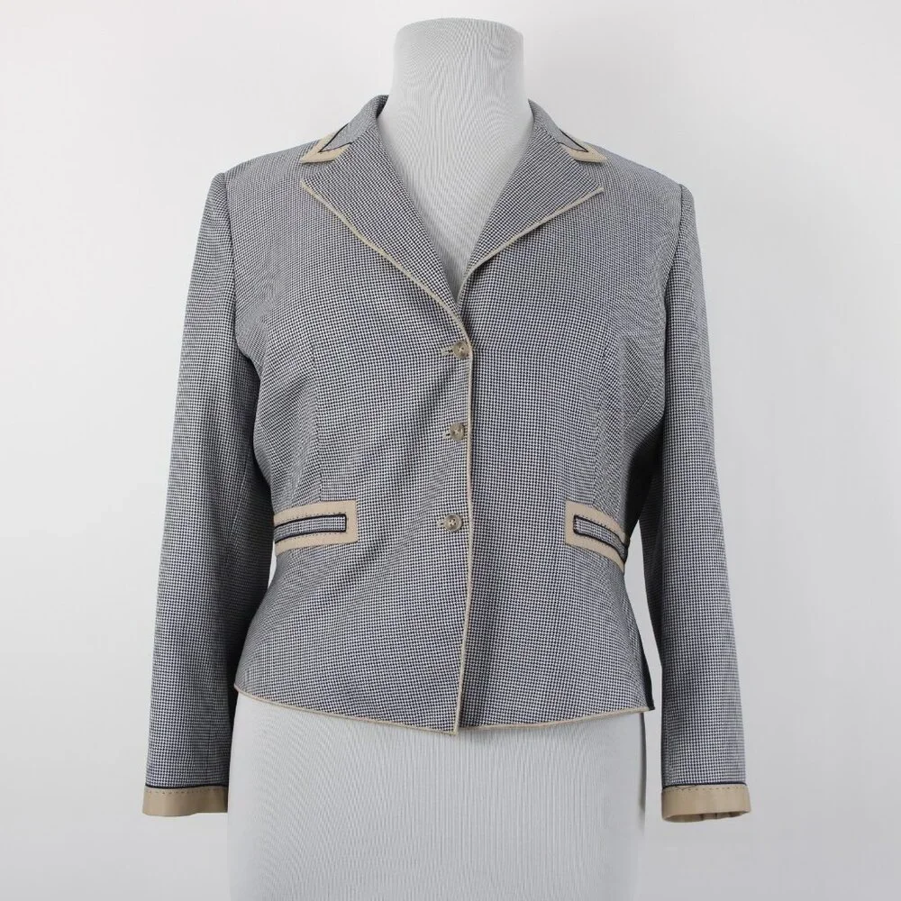 Carlisle Sz 16 Navy Blue White Brown Faux Pockets Lined Silk Wool Cotton Jacket - Picture 2 of 12